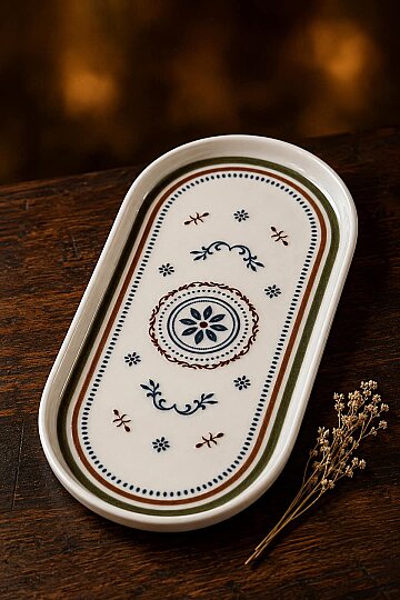 4'lü Minel Kayık Porselen Tabak Oval Sunum Servis Desenli Kahvaltılık Seti