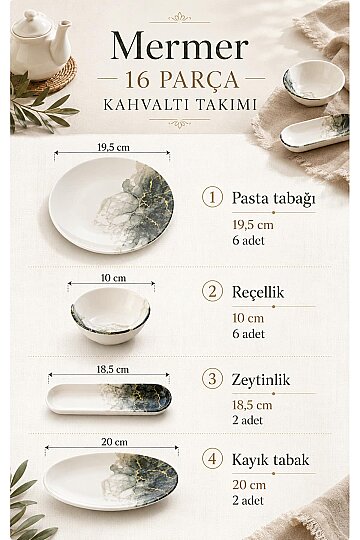 Mermer 16 Parça 6 Kişilik Porselen Kahvaltı Takımı - 2